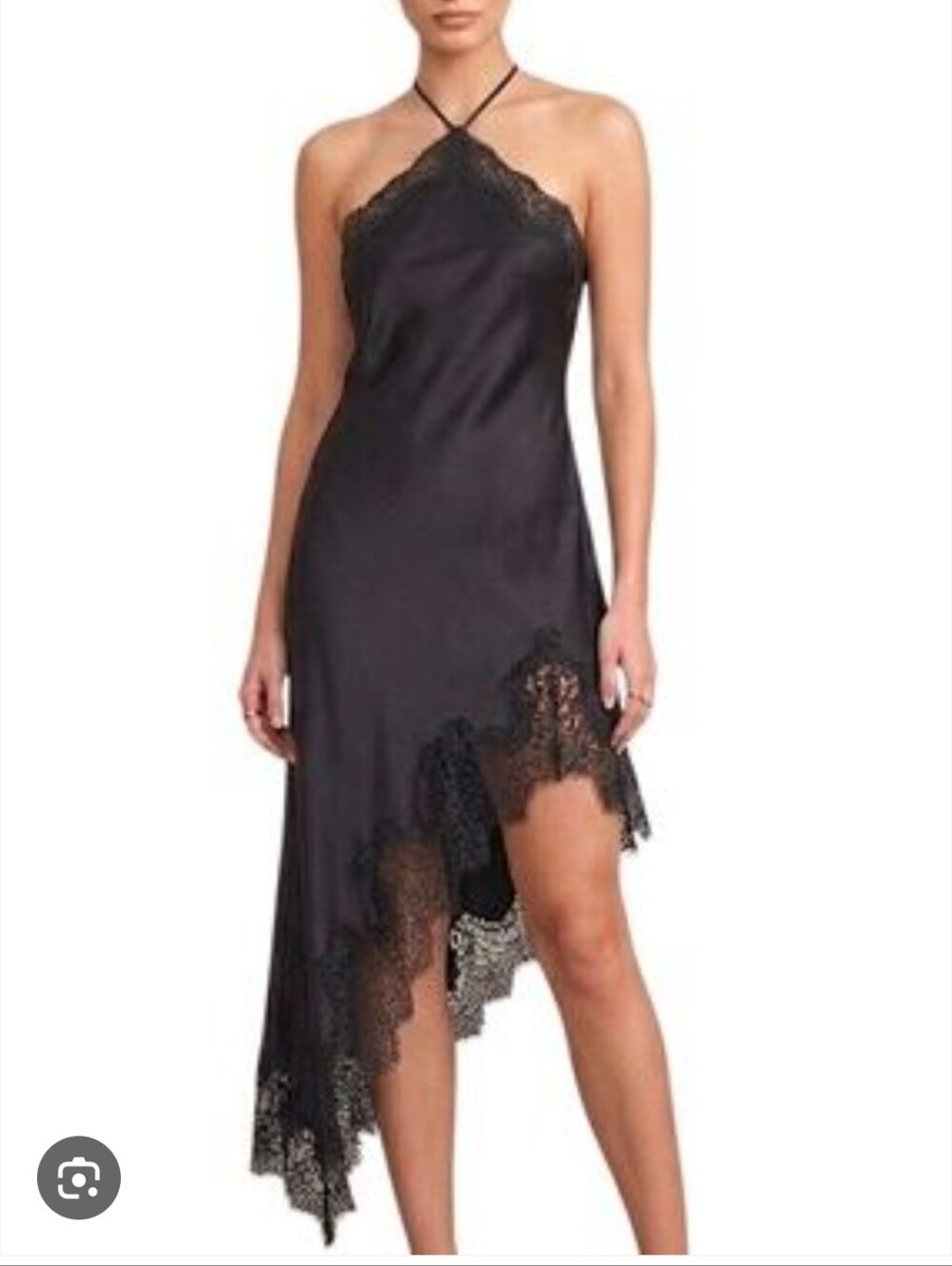 Camila Coelho Black Lace Trim Halter Asymmetrical Slip Dress In Large